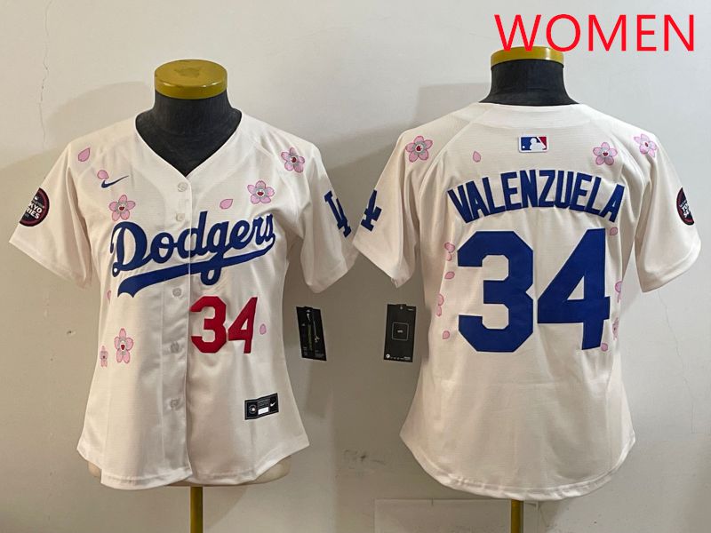 Women Los Angeles Dodgers 34 Valenzuela Cream Sakura Edition 2025 Nike MLB Jersey style 6